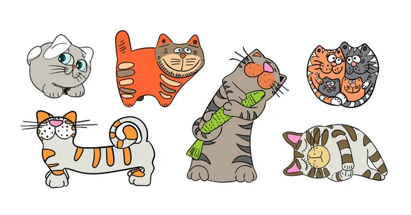 Muitos Gatos Desenhos Animados Engraçados Diferentes Poses Diferentes Ilustração Vetorial — Vetor de Stock