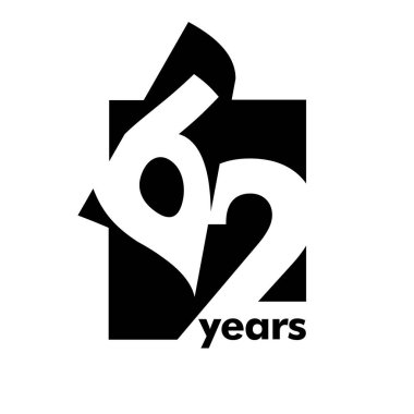 Soyut logo 62 yıl izole edilmiş. Açık bir kitap, dergi şeklinde. 62 'nci yaş günün kutlu olsun. Beyaz arkaplanda siyah renk yazımı.