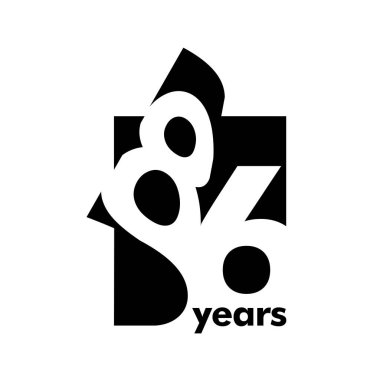 Soyut logo 86 yıl izole edilmiş. Açık bir kitap, dergi şeklinde. 86. yaş günün kutlu olsun. Beyaz arkaplanda siyah renk yazımı.