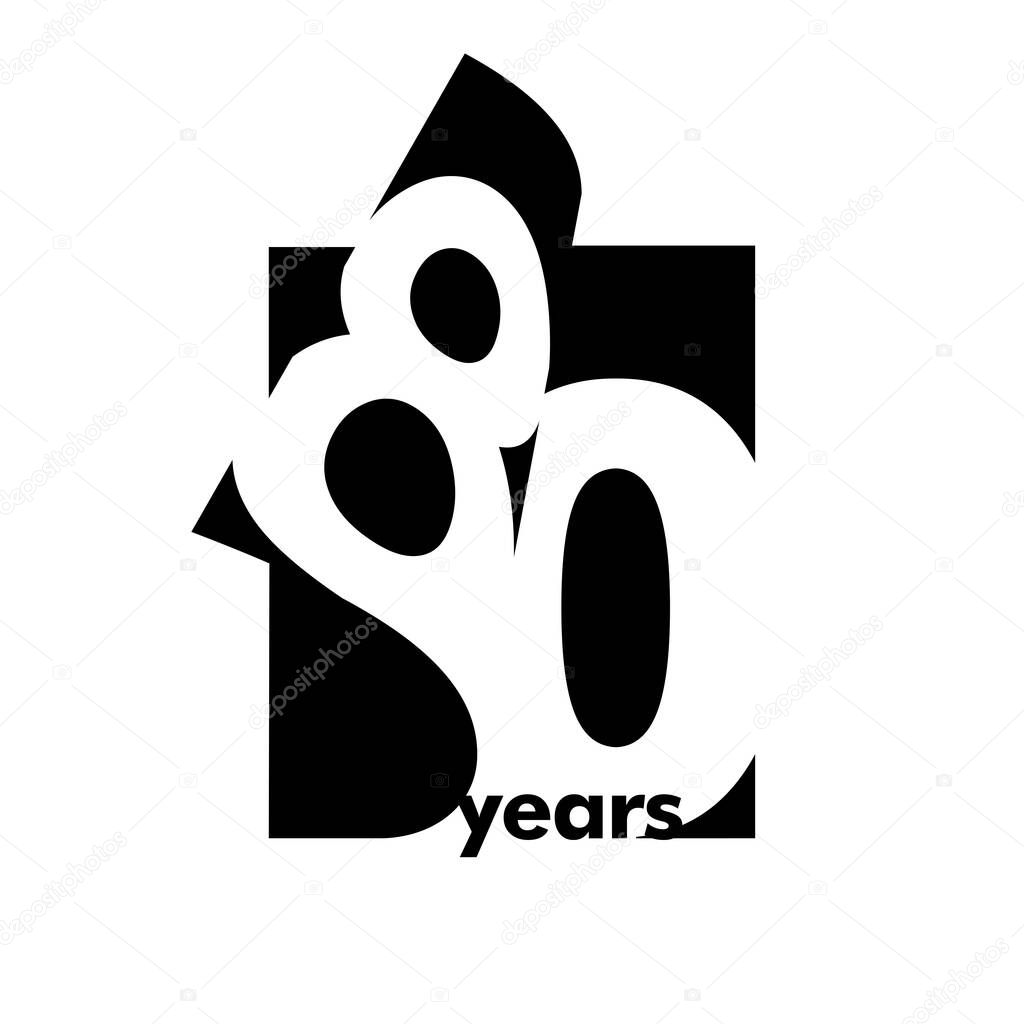 Isolated abstract logo 80 years. In the form of an open book, magazine. Happy greeting card for the 80th birthday. Black color writing on white background.