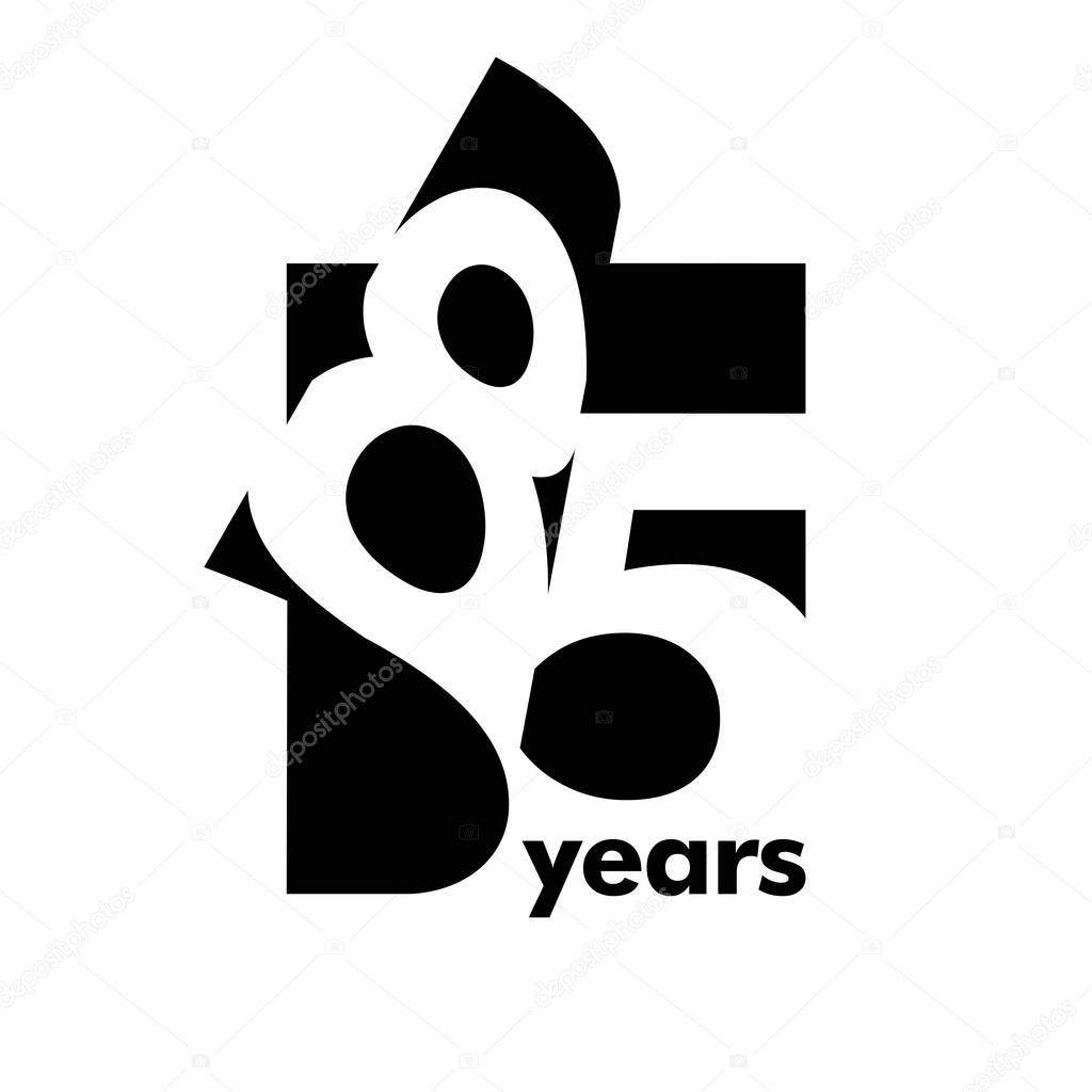 Isolated abstract logo 85 years. In the form of an open book, magazine. Happy greeting card for the 85th birthday. Black color writing on white background.