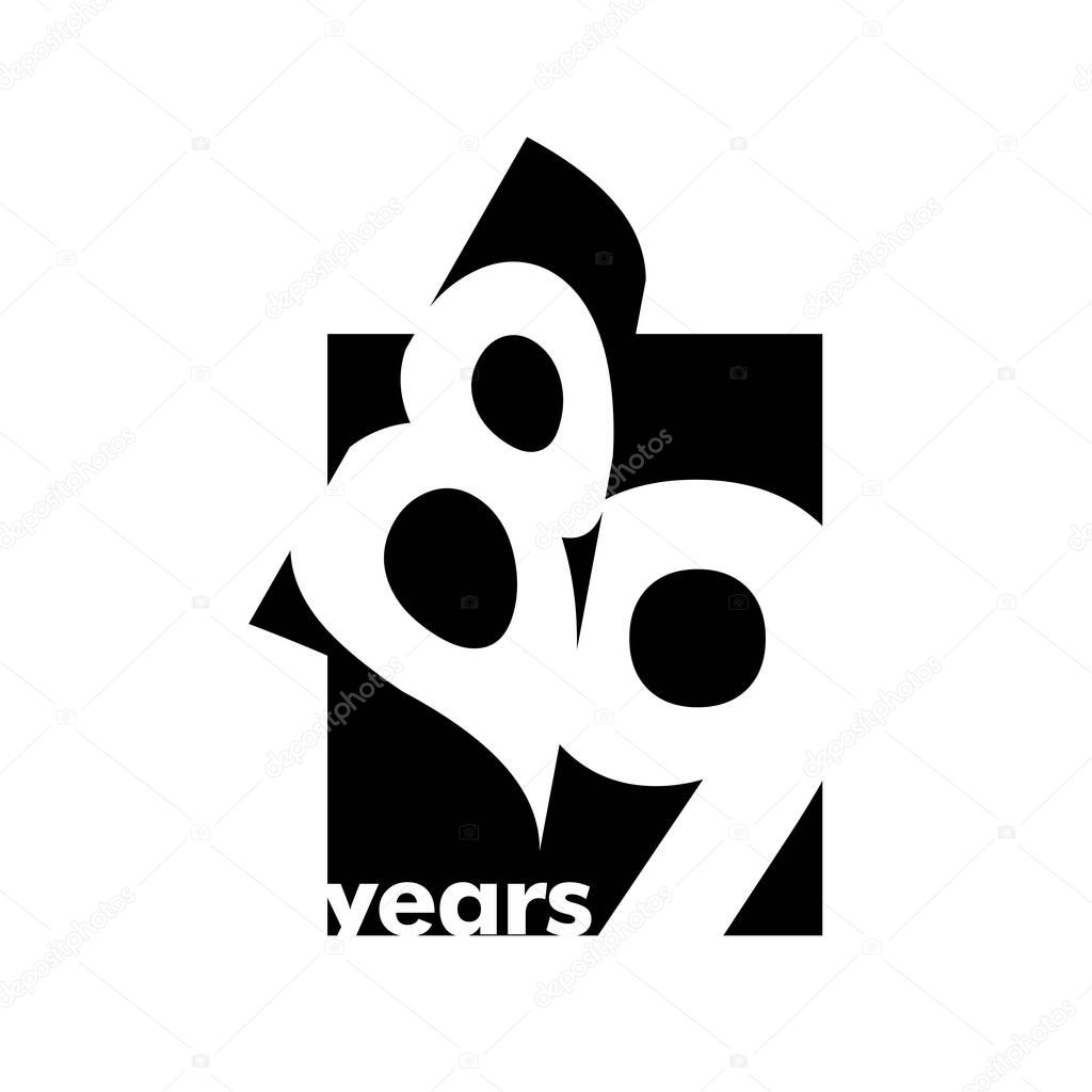 Isolated abstract logo 89 years. In the form of an open book, magazine. Happy greeting card for the 89th birthday. Black color writing on white background.