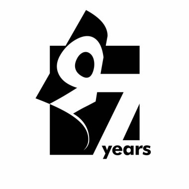 Soyut logo 97 yıl izole edilmiş. Açık bir kitap, dergi şeklinde. 97. yaş günün kutlu olsun. Beyaz arkaplanda siyah renk yazımı.