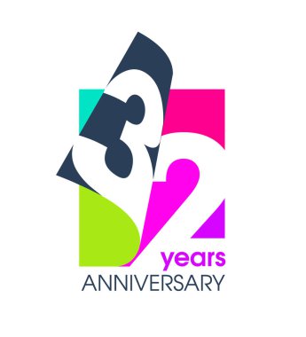 Şirketin kutlaması için beyaz bir arkaplanda 32 yıllık renkli logo izole edildi. Vektör İllüstrasyon Tasarım Şablonu