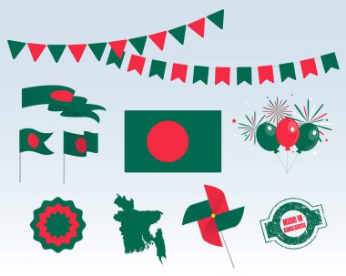 Ulusal tatil. Bangladeş 'in Bağımsızlık Günü, Bangladeş' te yapılmış vektör tasarım elemanları seti. Harita, bayraklar, kurdeleler, pikaplar, prizler. Vektör sembolizmi, bilgi grafikleriniz için ayarlandı. 26 Mart