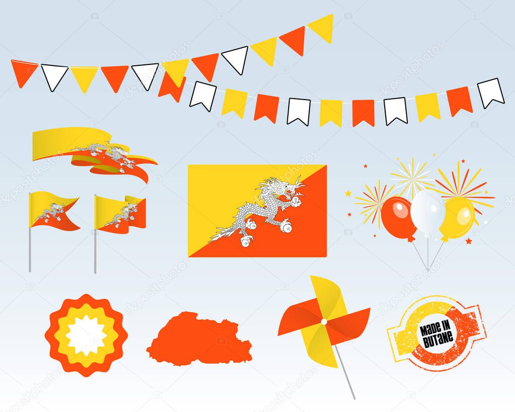 National holiday. Independence Day of Butane set of vector design elements, Made in Butane. Map, flags, ribbons, turntables, sockets. Vector symbolism, set for your infographics. 8 August