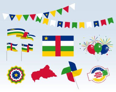 Ulusal tatil. Orta Afrika Cumhuriyeti Bağımsızlık Günü vektör tasarım elementleri dizisi, Otomobil Yapımı. Harita, bayraklar, kurdeleler, pikaplar, prizler. Vektör sembolizmi, bilgi grafiğiniz için ayarlayın.