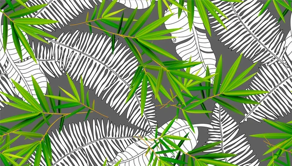 Vektorový Hladký Vzor Ručně Kreslenými Tropickými Květy Palmovými Listy Džunglí — Stockový vektor