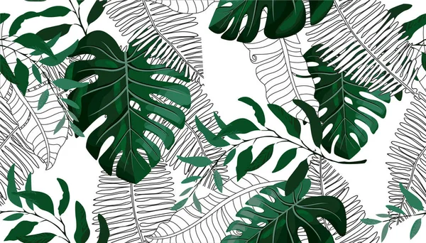 Padrão Sem Costura Floral Verde Preto Branco Planta Philodendron Folha — Vetor de Stock