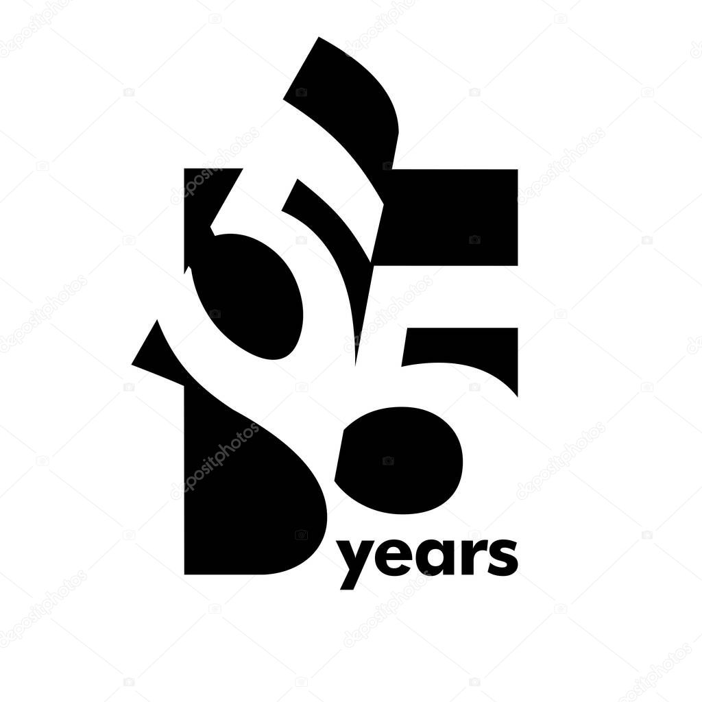 Isolated abstract logo 55 years. In the form of an open book, magazine. Happy greeting card for the 55th birthday. Black color writing on white background.