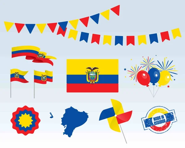 Fiesta Nacional Día Independencia Ecuador Conjunto Elementos Diseño Vectorial Hechos — Archivo Imágenes Vectoriales