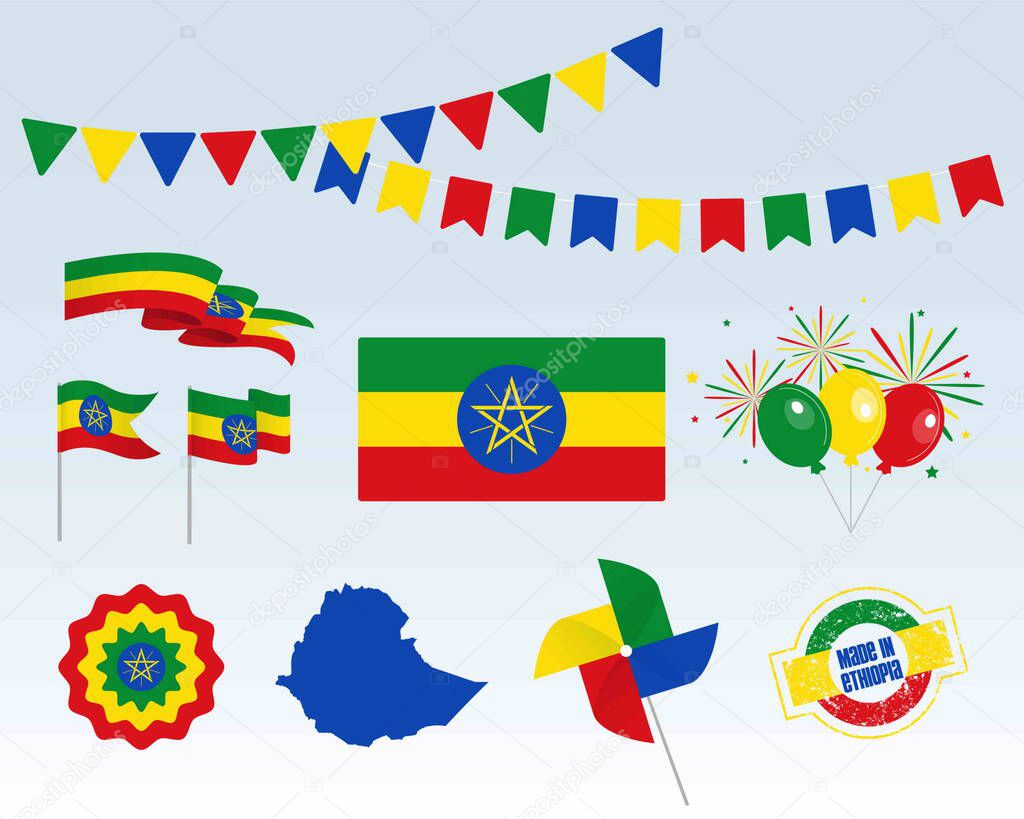 National holiday. Ethiopia Independence Day Set of Vector Design Elements Made in Ethiopia. Map, flags, ribbons, turntables, sockets. Vector symbolism, set for your info graphic. 5 May