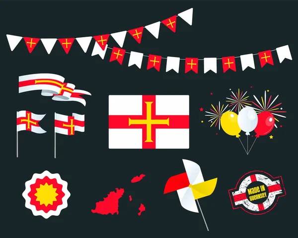 Grande Conjunto Fitas Guernsey Símbolos Emblemas Bandeiras Isoladas Fundo Escuro —  Vetores de Stock