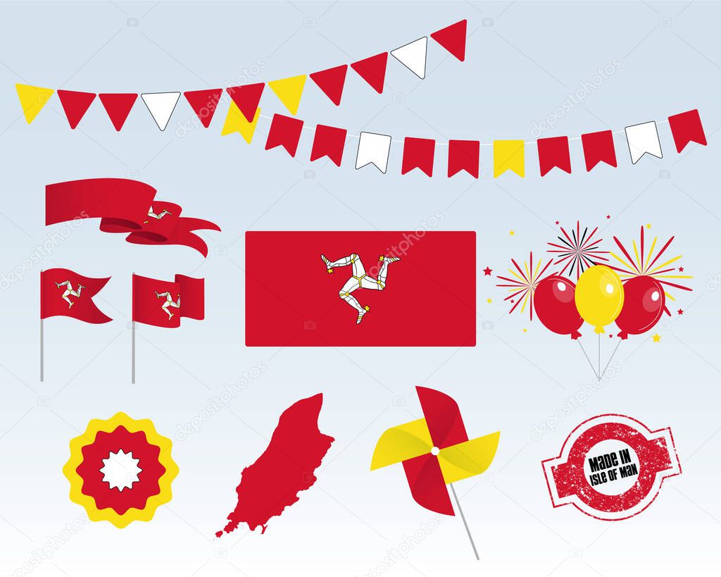 National holiday. Independence Day Isle of Man set of vector design elements, Made in Isle of Man. Map, flags, ribbons, turntables, sockets. Vector symbolism, set for your info graphics