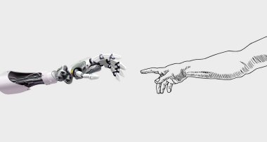 Robot eller ve insan elleri. İllüstrasyon, yapay zeka iş afişleri tasarlamak için kullanılabilir. Teknolojik konsept. Hafif arkaplanda izole edilmiş vektör illüstrasyonu.