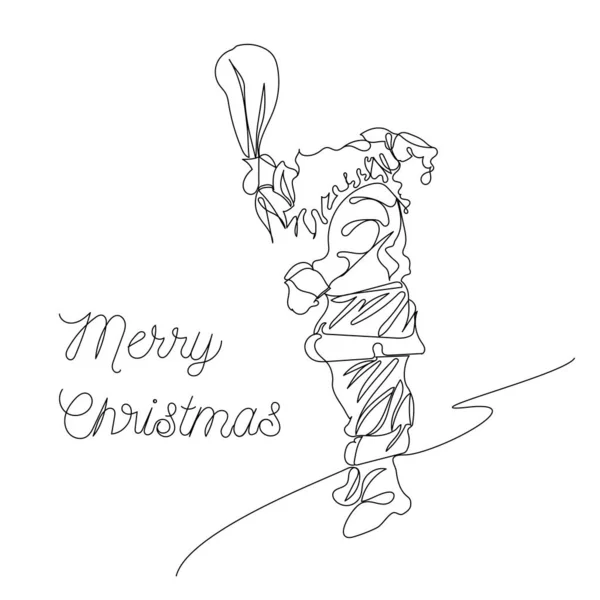 1つの連続した1行の落書きの文字サンタクロースを描いた クリスマスと新年のコンセプトラインアートの休日 ジャンプシルエット ベクトル図 — ストックベクタ