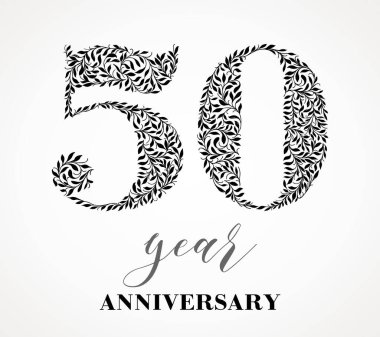 50. yıldönümü. Elli numara bir yaprak deseninden oluşuyor. Gradyan dolgu yok. Vektörü özelleştirmek kolaydır. Tüm diziyi görüntüle.
