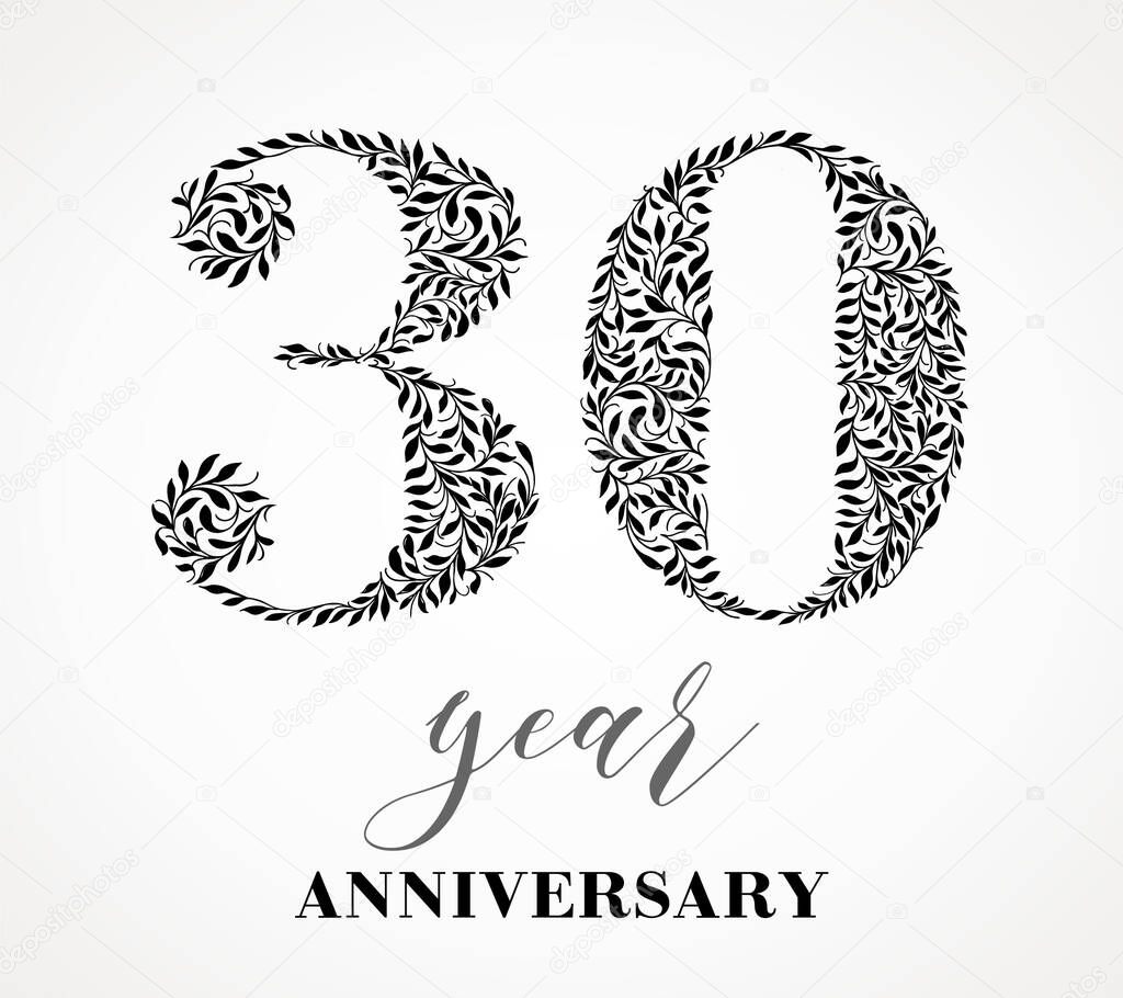 30-year anniversary. Number thirty consists of a leafy leaf pattern. No gradient fill. Vector is easy to customize. View the entire series.