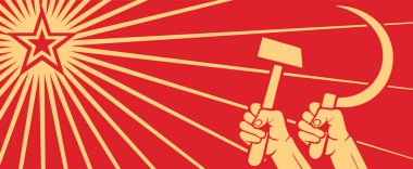 Soğuk Savaş 'ın Sovyet kırmızı propaganda posteri, hava yumruğu, orak ve komünizm yıldızı olarak yetiştirildi. SSCB. Vecto