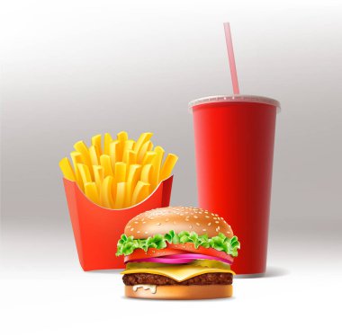 Fast Fast Fast Fast Fast Fast Set Gerçekçi Hamburger Klasik Burger Patates kızartması Kırmızı Paket içinde Boş Kağıt Kupa Yumuşak İçecekler için Beyaz arka planda saman izole edilmiş.