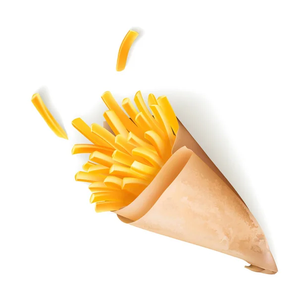 Frites Vectorielles Déversant Cône Papier Isolé Sur Blanc — Image vectorielle