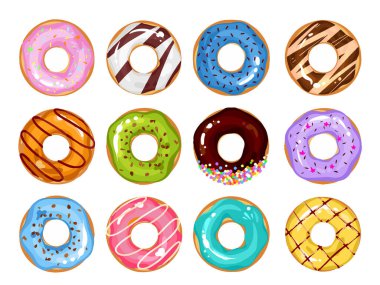 Beyaz arka planda izole edilmiş renkli çörekler. Top View Doughnuts koleksiyonu menü tasarımı, kafe dekorasyonu, teslimat kutusu için jöleye dönüşür. Düz biçimdeki vektör illüstrasyonu