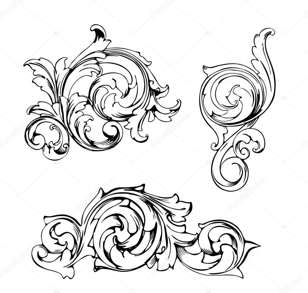 Vintage Baroque Victorian frame border tattoo floral ornament leaf scroll engraved retro flower pattern decorative design tattoo black and white filigree calligraphic vector heraldic swirl set 