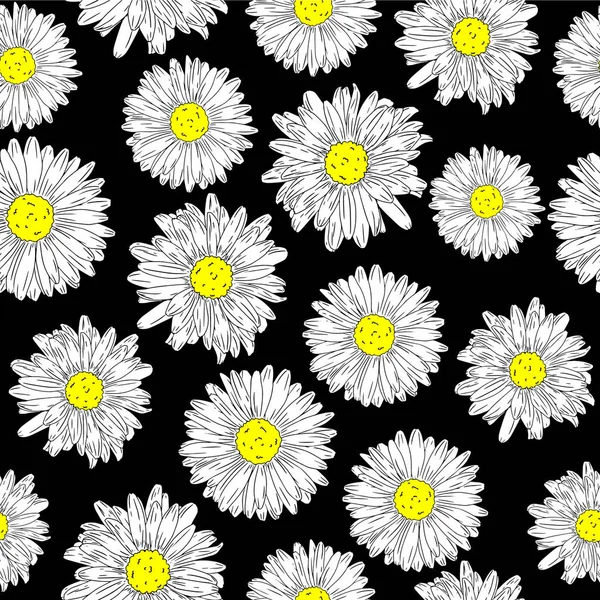 Απρόσκοπτη Μοτίβο Χαμομήλι Χαμομήλι Λουλούδια Μαύρο Φόντο — Διανυσματικό Αρχείο
