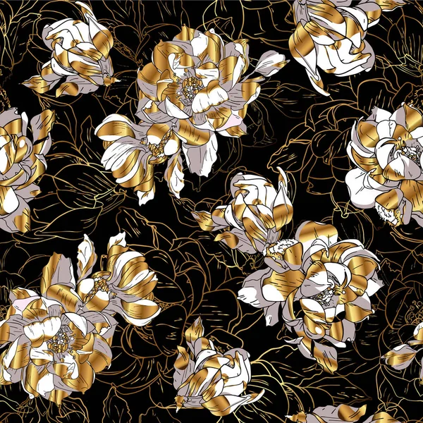 シームレスな花のパターンゴールデンマグノリア 黒の背景に牡丹の花 テキスタイル構成 手描きのプリントスタイル ベクターイラスト — ストックベクタ