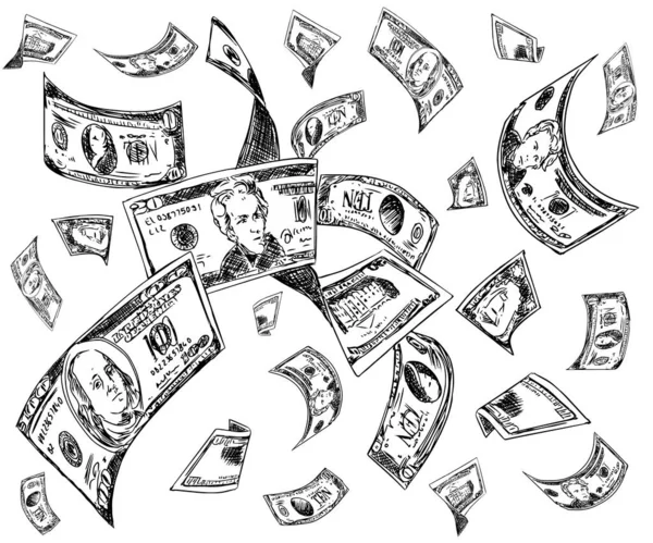 Векторный Набор Денег Банкноты Монеты Ручной Работы Падение Счетов — стоковый вектор