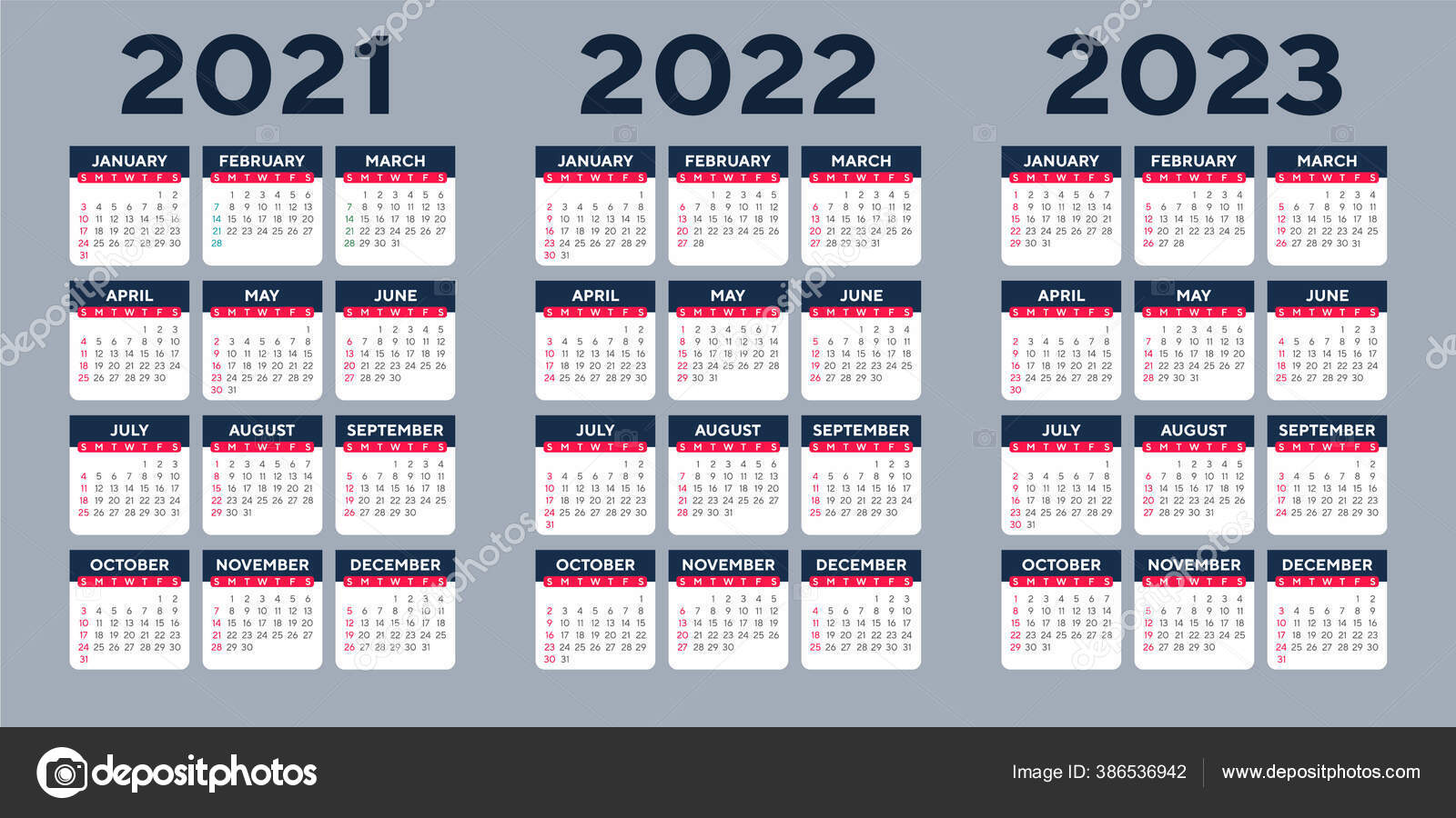 Simple Calendar template for 2021, 2022 and 2023.