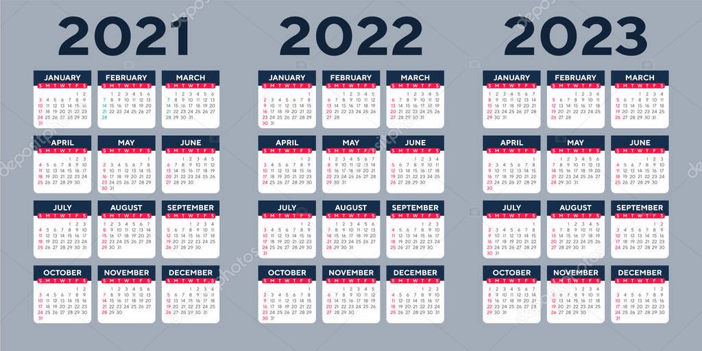 Simple Calendar template for 2021, 2022 and 2023