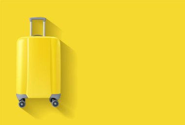 Sarı arka planda sarı bavul, seyahat konsepti. Yandan bak. Reklam afişi. Vektör illüstrasyonu