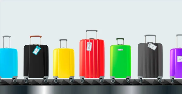 Różne Kolorowe Torby Bagażowe Walizka Umieszczona Przenośniku Taśmowym Bagaż Lotnisku — Wektor stockowy