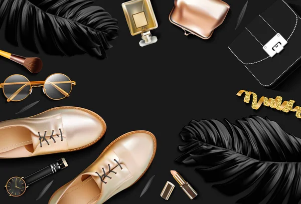 Frau Accessoires Business Stil Lippenstift Gadgets Schuhe Gold Schmuck Tasche — Stockvektor