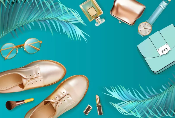 Accesorios Mujer Estilo Empresarial Lápiz Labial Gadgets Zapatos Oro Joyas — Vector de stock