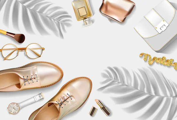 Frauen Accessoires Business Stil Lippenstift Gadgets Schuhe Gold Schmuck Tasche — Stockvektor