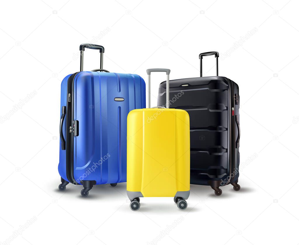 Bright travel suitcases isolated on the white background. Vector illustration