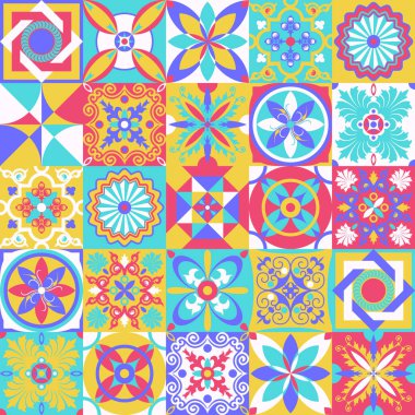 Talavera deseni. Hint yaması. Azulejos Portekiz. Türk süsü. Fas fayans mozaiği. Seramik sofra takımı, halk baskısı. İspanyol çömleği. Etnik kökenli. Akdeniz 'in dikişsiz duvar kağıdı.