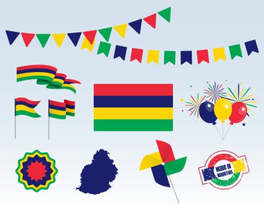 Ulusal tatil. Mauritius Bağımsızlık Günü, vektör tasarım elementleri seti. Mauritius malı. Harita, bayraklar, kurdeleler, pikaplar, prizler. Vektör. 12 Mart. Sembolizm