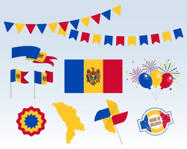 Ulusal tatil. Moldova 'nın Bağımsızlık Günü, Moldova' da yapılan bir dizi vektör tasarım elementi. Harita, bayraklar, kurdeleler, pikaplar, prizler. Vektör sembolizmi, bilgi grafikleriniz için ayarlandı. 27 Ağustos