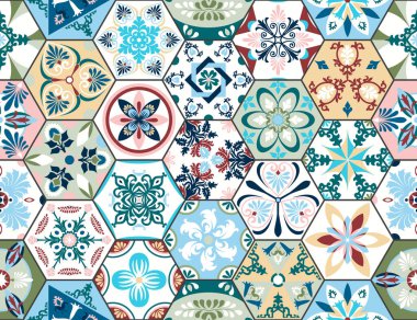 Vektör pürüzsüz doku. Altıgen dekoratif elementlerle tasarım ve moda için güzel bir mega yama deseni. Portekiz fayansları, Azulejo, Fas süslemeleri