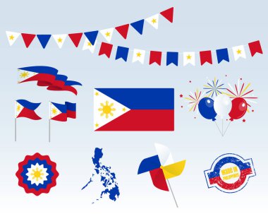 Ulusal tatil. Filipinler 'de yapılan Bağımsızlık Günü, vektör tasarım elementleri seti. Harita, bayraklar, kurdeleler, pikaplar, prizler. Vektör sembolizmi, bilgi grafikleriniz için ayarlandı. 12 Haziran