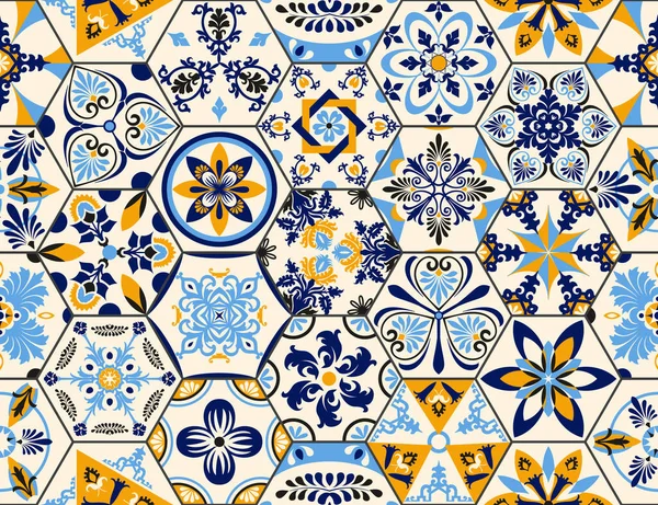 Talavera deseni. Hint yaması, Türk süsü. Fas mozaiği. Seramik kaplar, halk baskısı. İspanyol çömleği. Antika Fas, Portekiz altıgen fayansları. Akdeniz pürüzsüz vektörü.