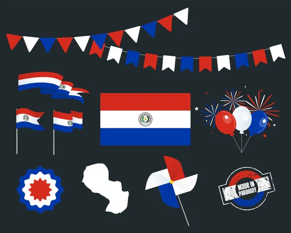 国民の祝日 パラグアイ独立記念日 ベクトルデザイン要素のセット パラグアイ製 リボン ターンテーブル ソケット あなたのインフォグラフィックのために設定されたベクトルの象徴 5月14日 — ストックベクタ