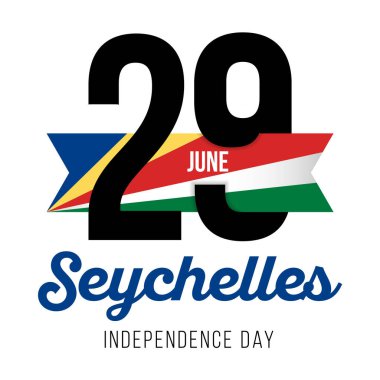 29 Haziran 'da Seyşeller' in Bağımsızlık Günü 'ne ve Seyşeller bayrağının renginde metinlere tebrikler. Vektör illüstrasyonu