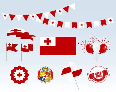 Ulusal tatil. Tonga Bağımsızlık Günü vektör tasarım elementleri, Tonga 'da üretildi. Harita, bayraklar, kurdeleler, pikaplar, prizler. Vektör sembolü, bilgi grafiğiniz için ayarlandı. 4 Haziran