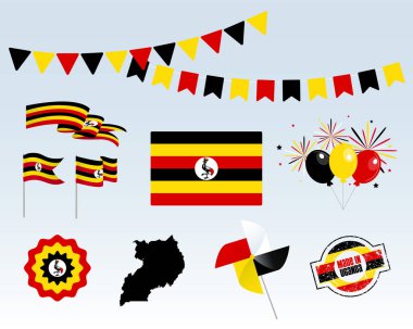 Ulusal tatil. Uganda 'da yapılan vektör tasarım elementlerinin Uganda Bağımsızlık Günü seti. Harita, bayraklar, kurdeleler, pikaplar, prizler. Vektör sembolü, bilgi grafiğiniz için ayarlandı. 9 Ekim