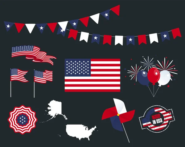 国民の祝日 アメリカ独立記念日 米国で作られたベクトルデザイン要素のセット リボン ターンテーブル ソケット あなたのインフォグラフィックのために設定されたベクトルの象徴 7月4日 — ストックベクタ