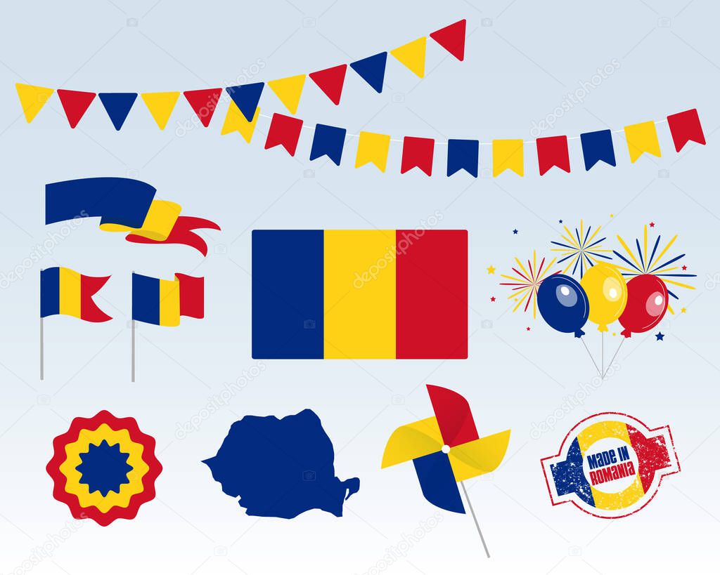 National holiday. Independence Day of Romania, set of vector design elements, Made in Romania. Map, flags, ribbons, turntables, sockets. Vector symbolism, set for your infographics. December 1st